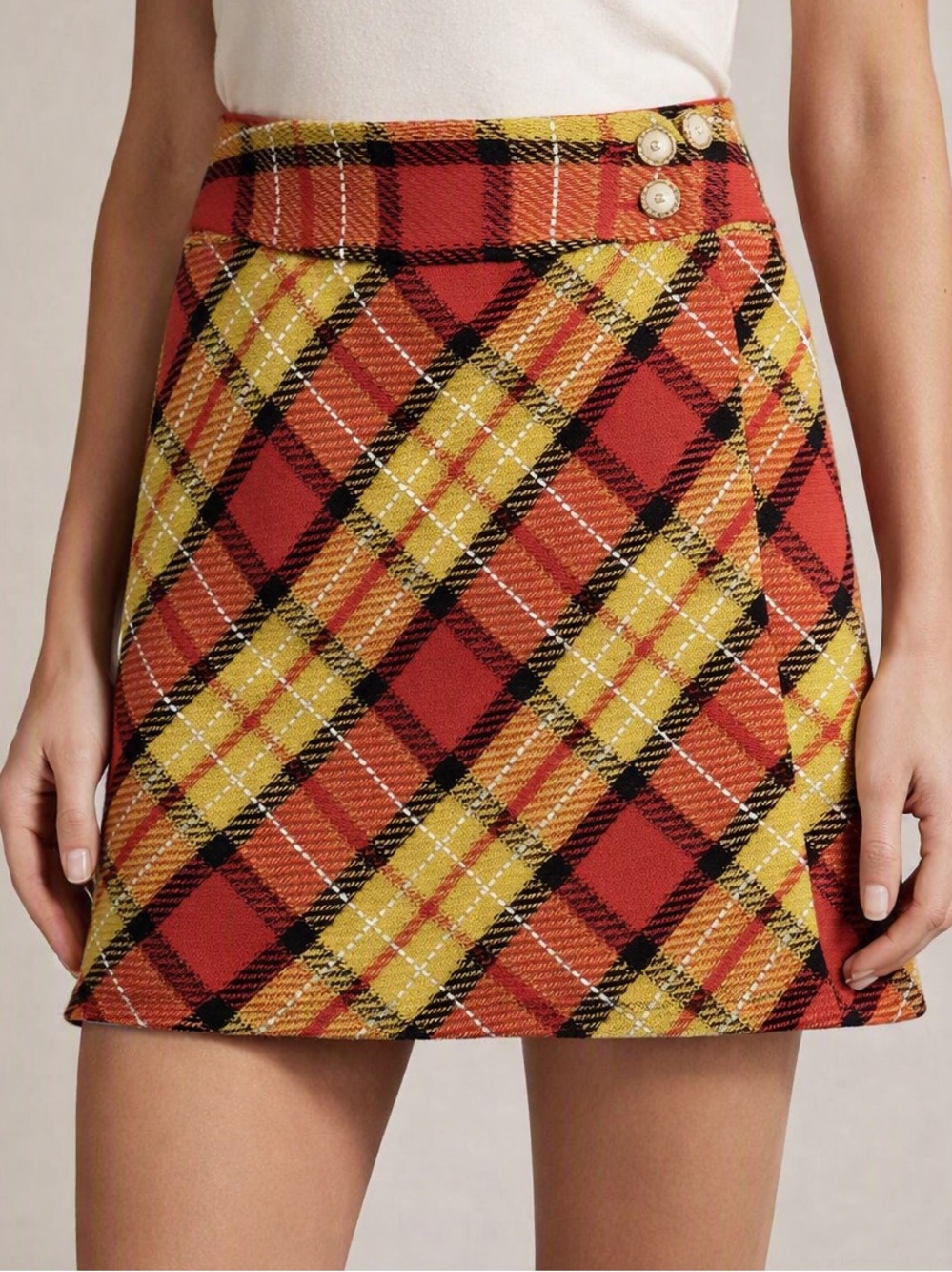 St. John Collection Plaid Wrap Knit Skirt -– Size  2 Orange Yellow Black 90’s